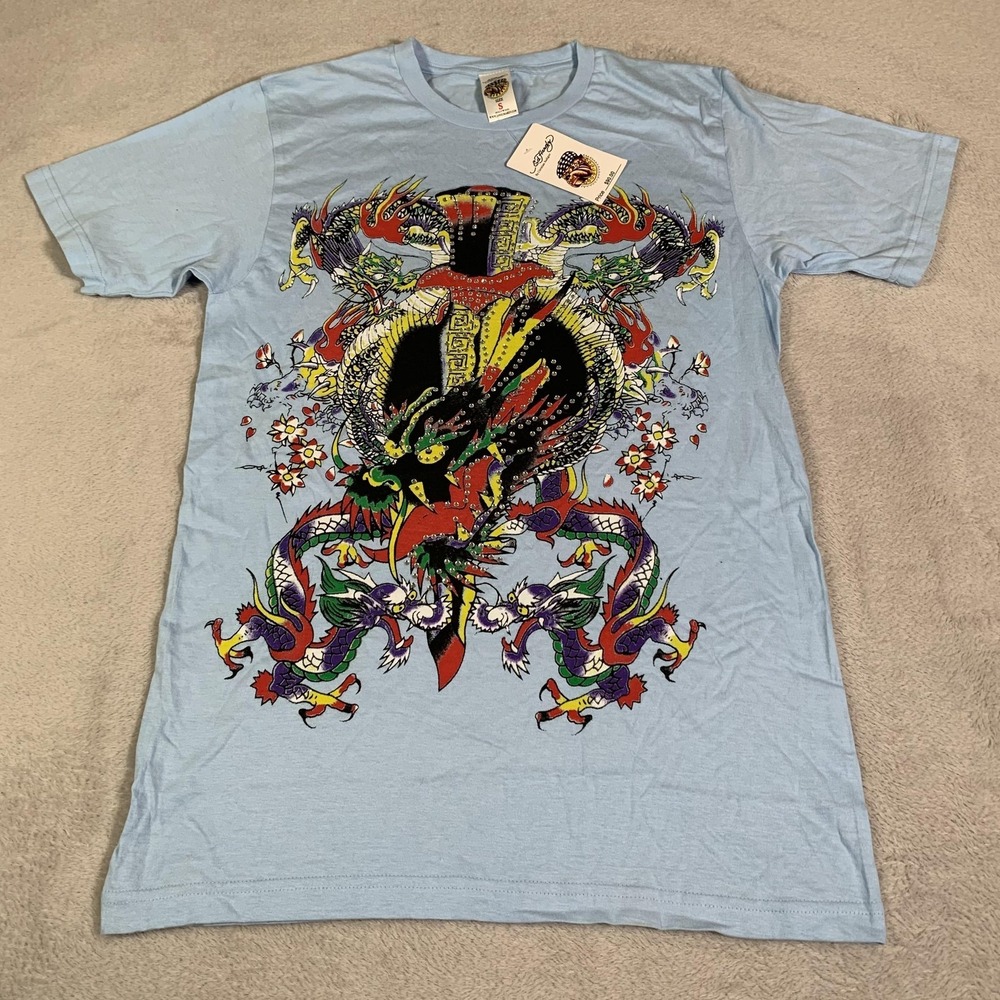 Ed Hardy Shirt Mens Small Blue Dragon Rhinestone Tattoo Graphic Tee NEW‎ USA